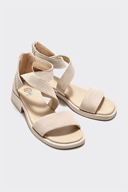 Bej Deri Kadın Düz Sandalet - Görsel 3