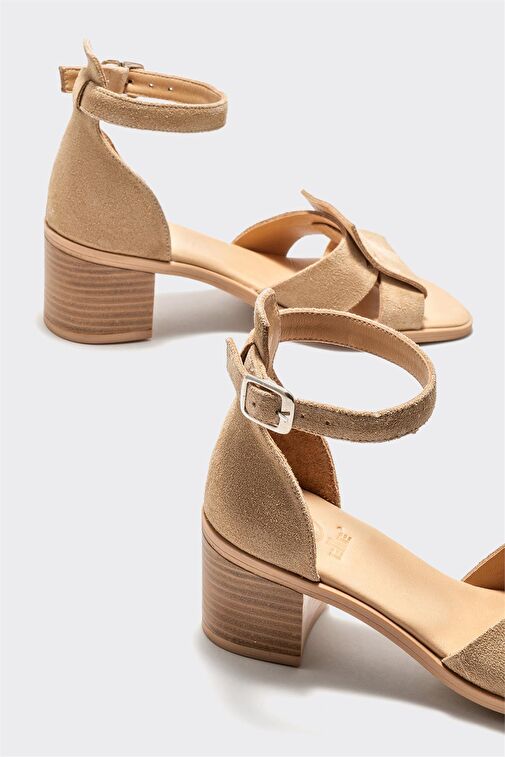 Bej Deri Kadın Topuklu Sandalet - Görsel 5