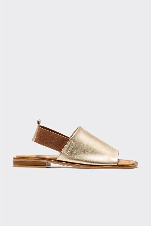 Gold Deri Kadın Düz Sandalet - Görsel 3