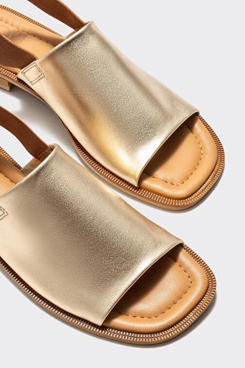 Gold Deri Kadın Düz Sandalet - Görsel 5