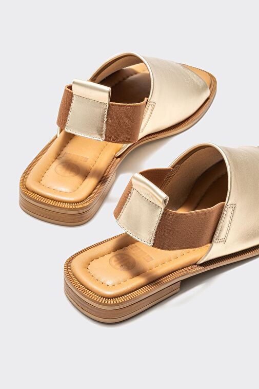 Gold Deri Kadın Düz Sandalet - Görsel 6