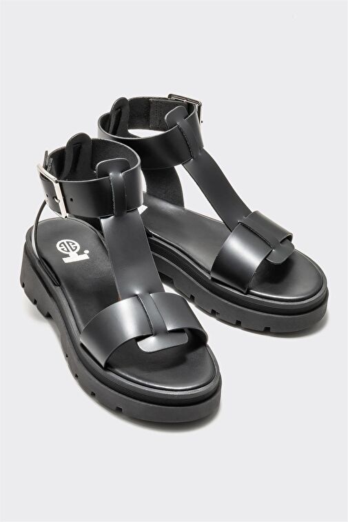 Siyah Deri Kadın Sandalet - Görsel 3