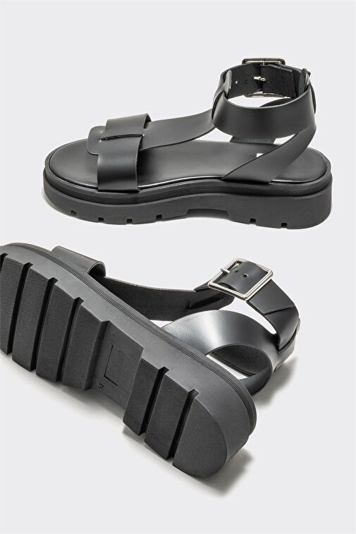 Siyah Deri Kadın Sandalet - Görsel 5