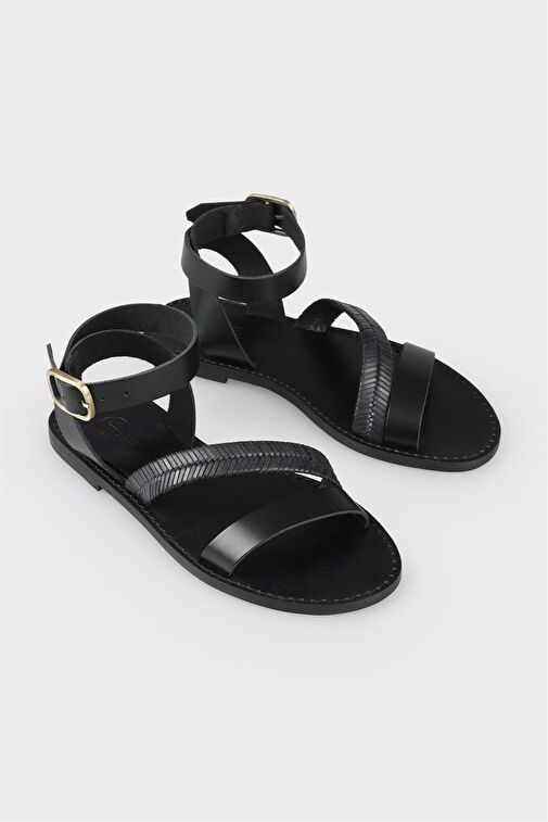 Siyah Deri Kadın Sandalet - Görsel 3
