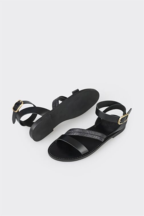Siyah Deri Kadın Sandalet - Görsel 4