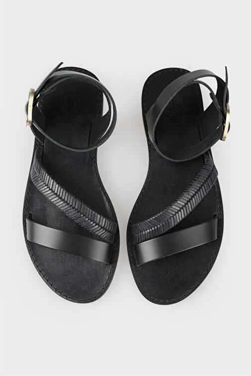 Siyah Deri Kadın Sandalet - Görsel 5