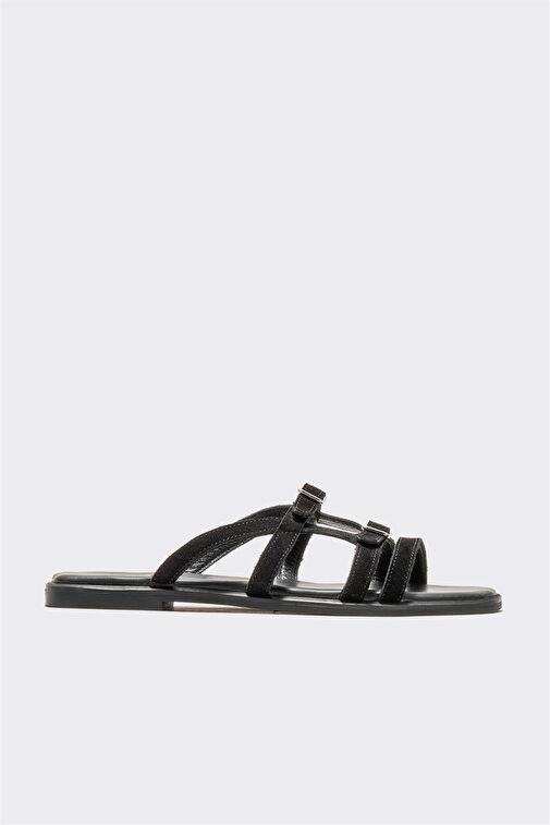 Siyah Deri Kadın Düz Terlik - Görsel 2