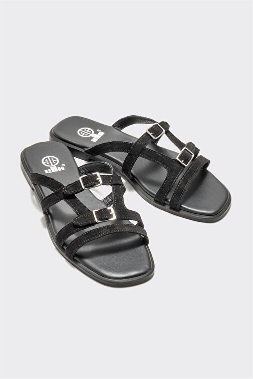 Siyah Deri Kadın Düz Terlik - Görsel 3