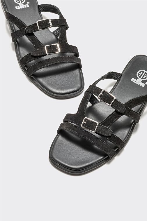 Siyah Deri Kadın Düz Terlik - Görsel 4