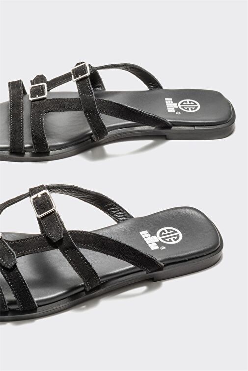 Siyah Deri Kadın Düz Terlik - Görsel 5