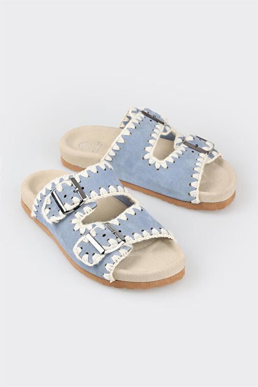 Mavi Deri Kadın Düz Terlik - Görsel 3