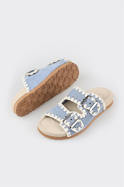 Mavi Deri Kadın Düz Terlik - Görsel 4