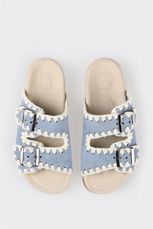 Mavi Deri Kadın Düz Terlik - Görsel 5