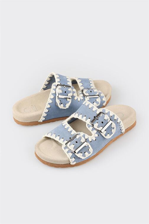 Mavi Deri Kadın Düz Terlik - Görsel 6