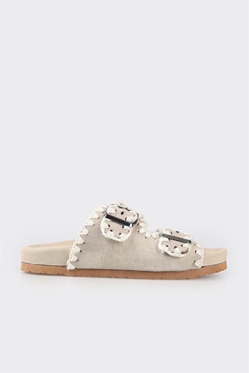 Bej Deri Kadın Düz Terlik - Görsel 2