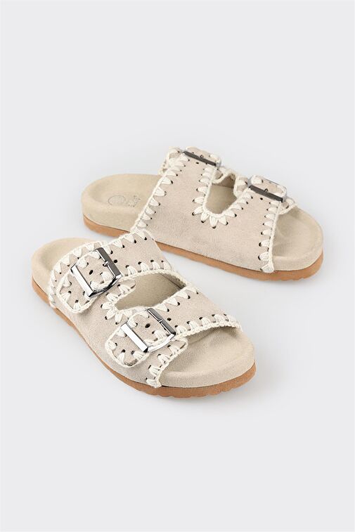 Bej Deri Kadın Düz Terlik - Görsel 3