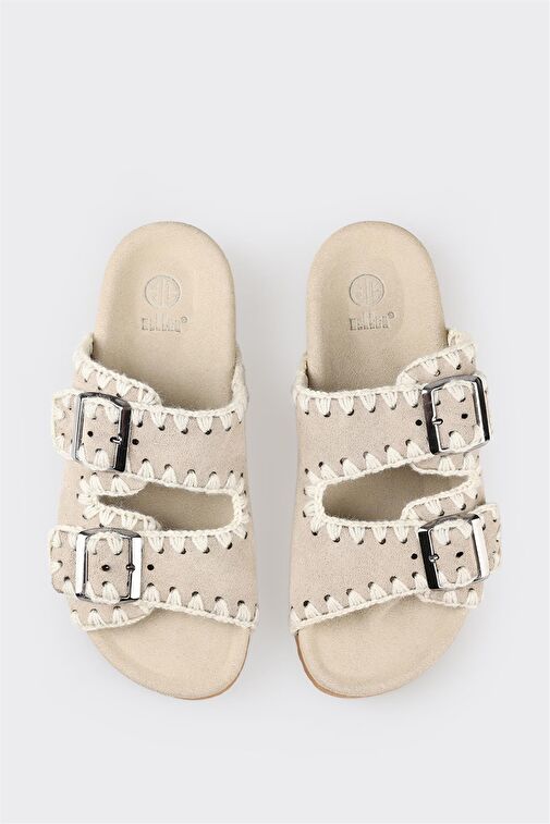 Bej Deri Kadın Düz Terlik - Görsel 5