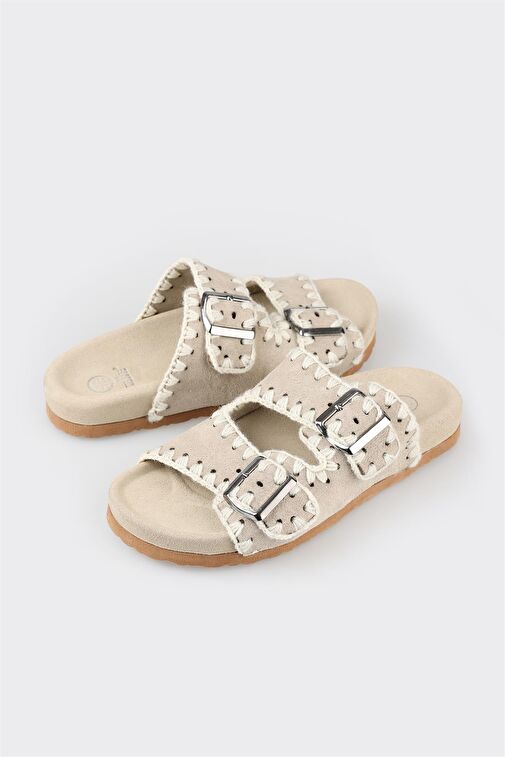 Bej Deri Kadın Düz Terlik - Görsel 6