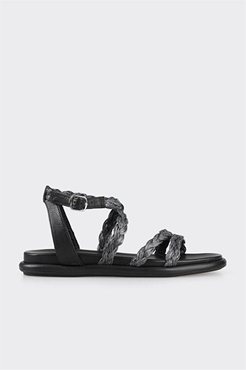 Siyah Deri Kadın Düz Sandalet - Görsel 2