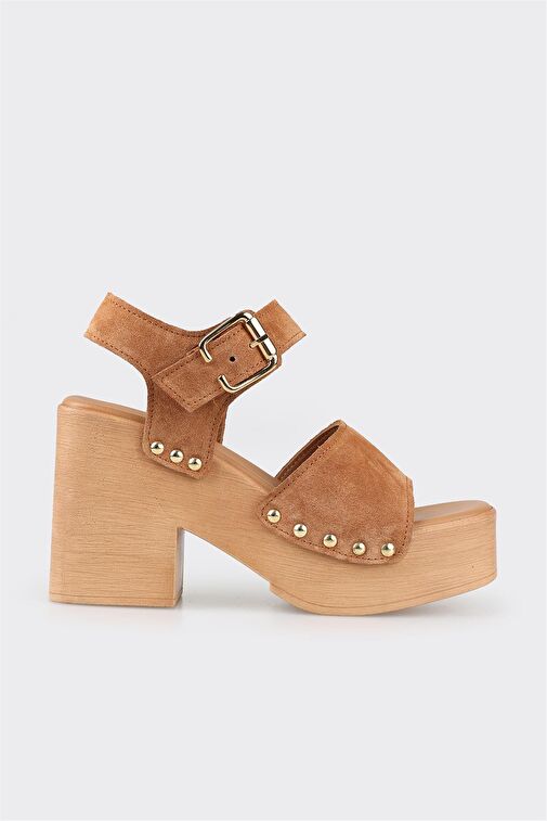 Taba Deri Kadın Topuklu Sandalet - Görsel 3