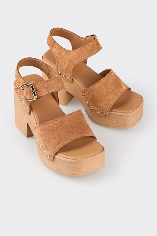 Taba Deri Kadın Topuklu Sandalet - Görsel 4