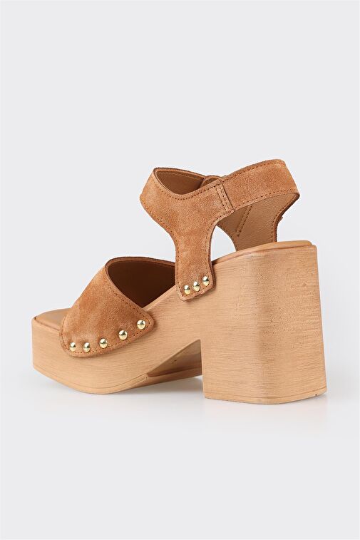 Taba Deri Kadın Topuklu Sandalet - Görsel 6