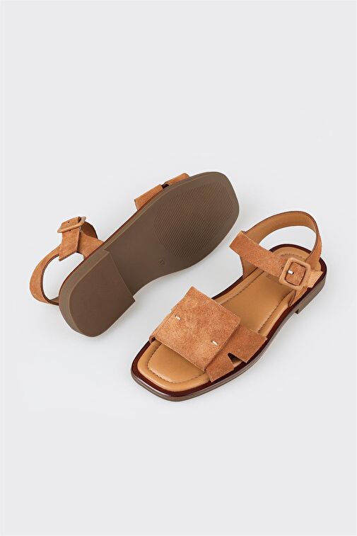 Taba Deri Kadın Düz Sandalet - Görsel 4
