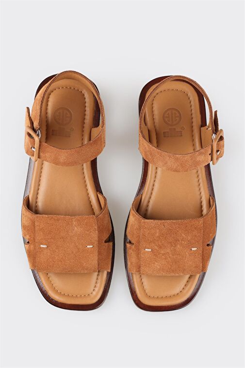 Taba Deri Kadın Düz Sandalet - Görsel 5