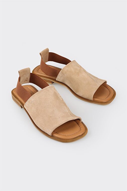 Bej Deri Kadın Düz Sandalet - Görsel 3