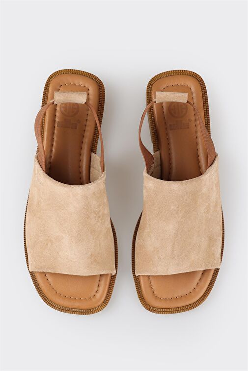 Bej Deri Kadın Düz Sandalet - Görsel 6