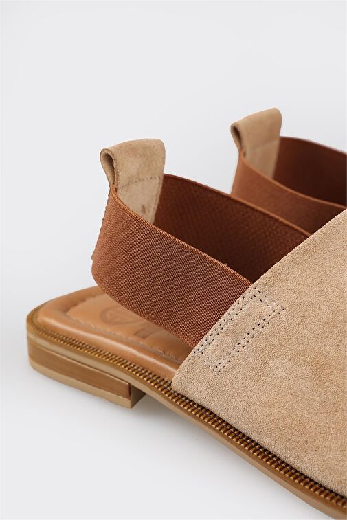 Bej Deri Kadın Düz Sandalet - Görsel 7