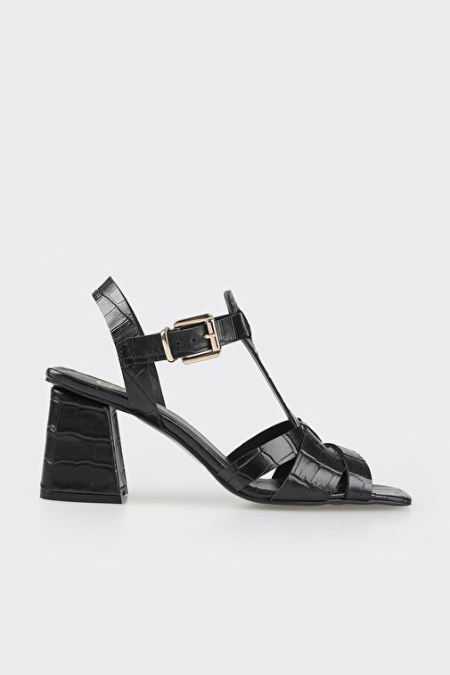 Siyah Deri Kadın Topuklu Sandalet - Görsel 2