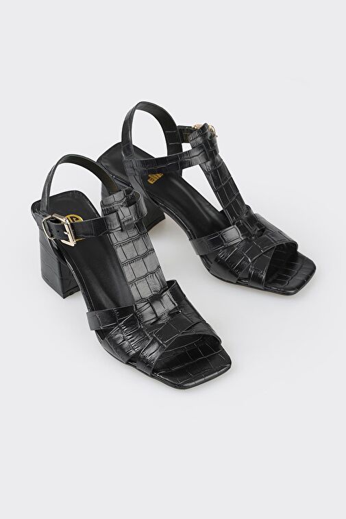 Siyah Deri Kadın Topuklu Sandalet - Görsel 3