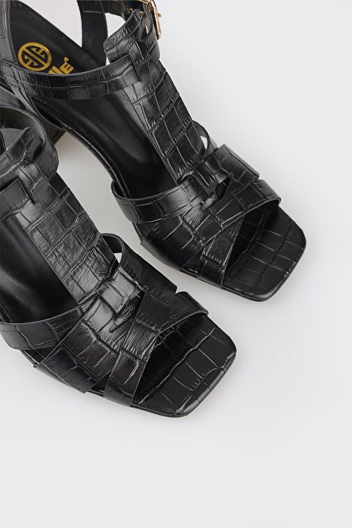 Siyah Deri Kadın Topuklu Sandalet - Görsel 5