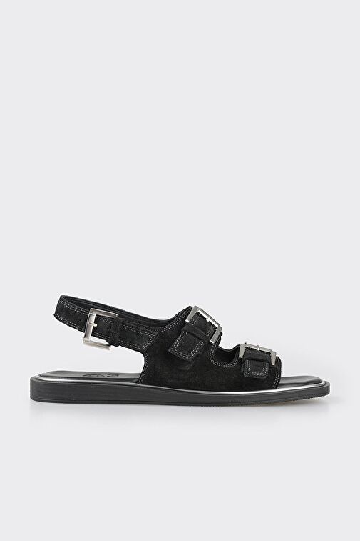 Siyah Deri Kadın Düz Sandalet - Görsel 2