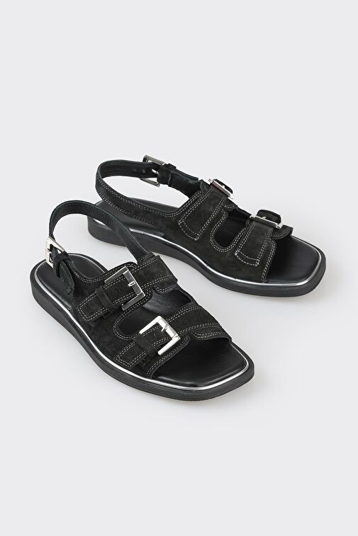 Siyah Deri Kadın Düz Sandalet - Görsel 3