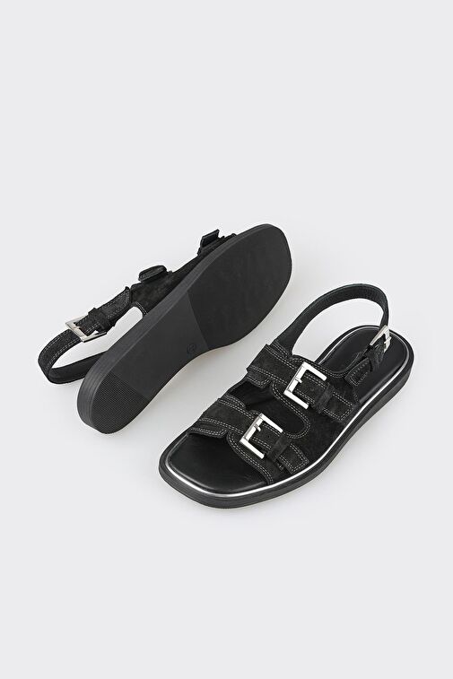 Siyah Deri Kadın Düz Sandalet - Görsel 4