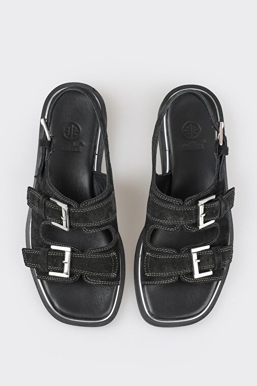 Siyah Deri Kadın Düz Sandalet - Görsel 5