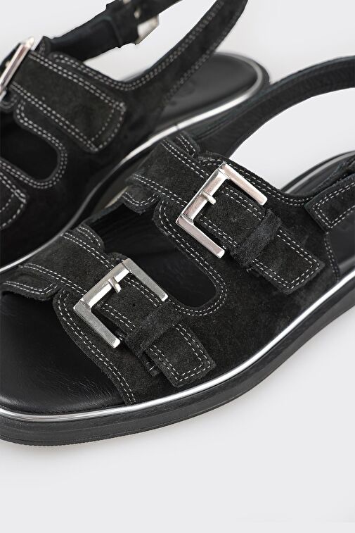 Siyah Deri Kadın Düz Sandalet - Görsel 6