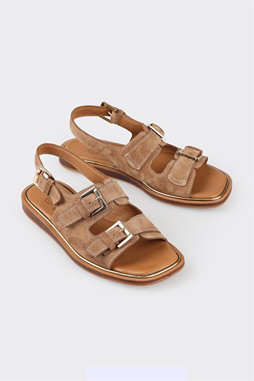 Taba Deri Kadın Düz Sandalet - Görsel 3