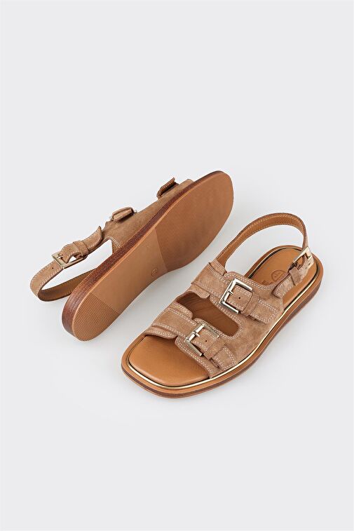 Taba Deri Kadın Düz Sandalet - Görsel 4