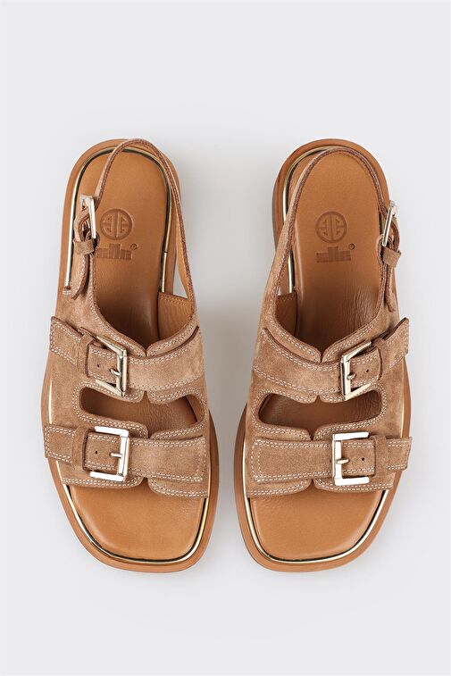 Taba Deri Kadın Düz Sandalet - Görsel 5