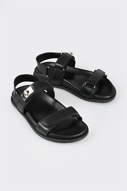 Siyah Deri Kadın Spor Sandalet - Görsel 3