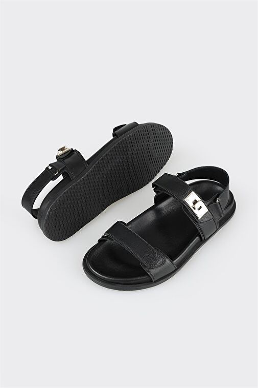 Siyah Deri Kadın Spor Sandalet - Görsel 4