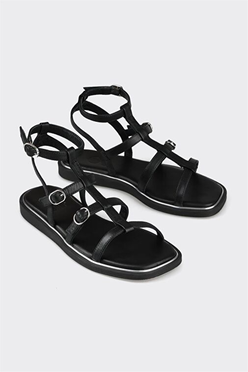 Siyah Deri Kadın Düz Sandalet - Görsel 3