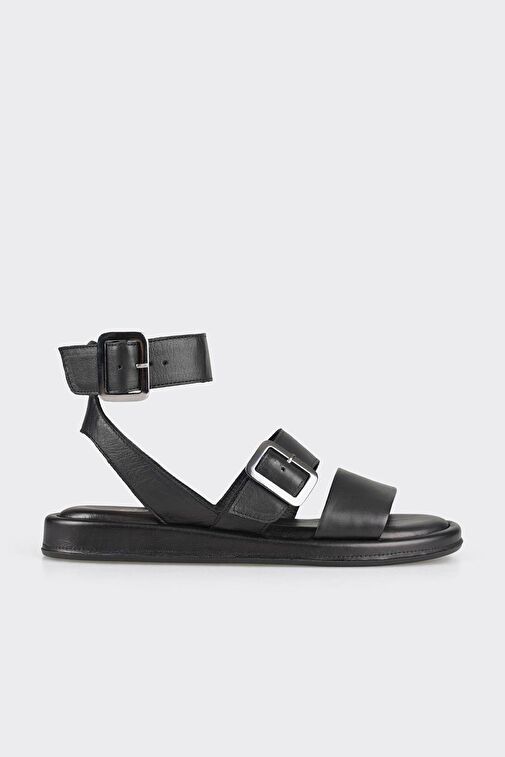 Siyah Deri Kadın Düz Sandalet - Görsel 3