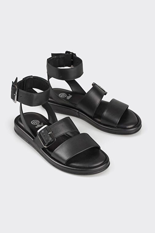 Siyah Deri Kadın Düz Sandalet - Görsel 2