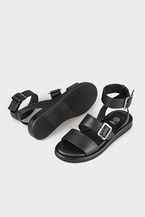 Siyah Deri Kadın Düz Sandalet - Görsel 4