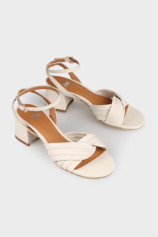 Ekru Deri Kadın Topuklu Sandalet - Görsel 3