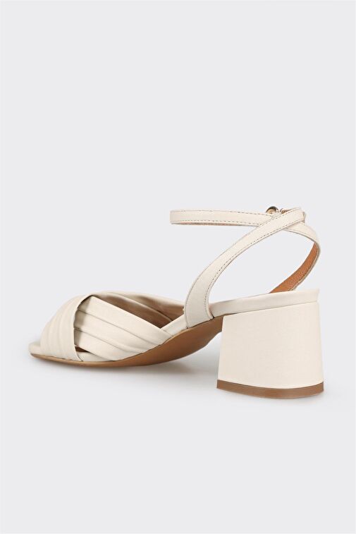 Ekru Deri Kadın Topuklu Sandalet - Görsel 4